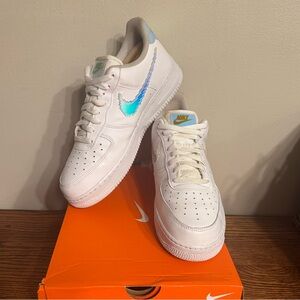 Nike Air Force 1 low-top white sneakers with Iridescent Pixel Blue Swoosh